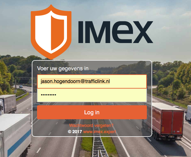 inlogscherm van IMEX